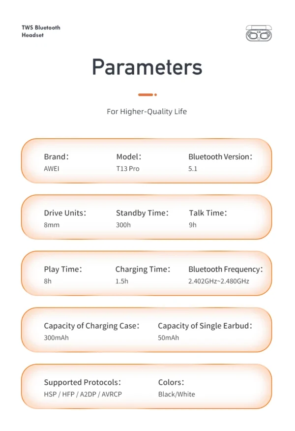 Awei Earphones (T13 Pro) parameters