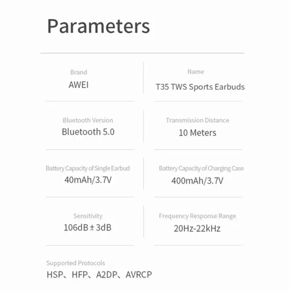 Awei Bluetooth (T35) Total Wireless parameters